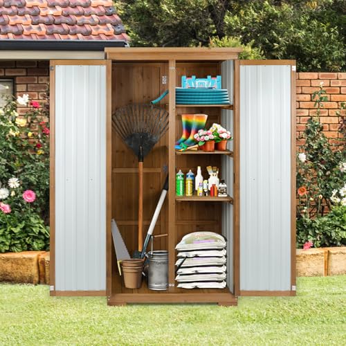 Outdoor Storage Cabinet Wood & Metal with Waterproof Roof