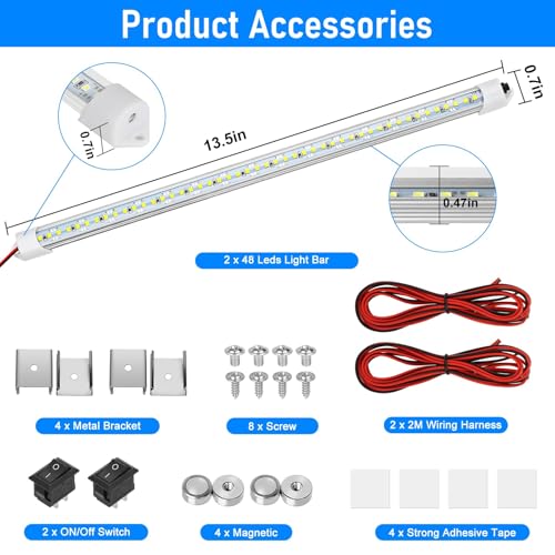2PC 12V LED Interior Light Bar 6500K 700LM with Switch for RV Van (2 Count)