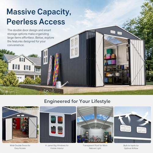 10x16 FT Metal Outdoor Storage Shed with Windows Skylight