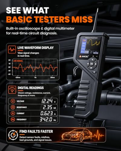 PB600 4-in-1 Automotive Power Circuit Probe Tester with True Waveform Oscilloscope, Battery Test, Injector & Relay Tester, Smart Multimeter Ohmmeter, 30ft Heavy-Duty Cable for Mechanic & DIY