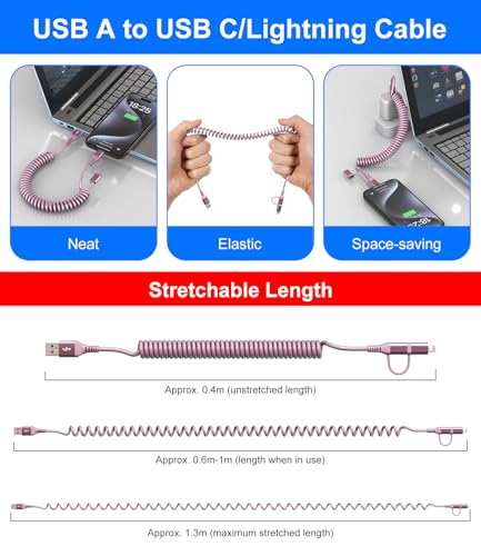 USB to USB C and Lightning Pink Car Charger Cable