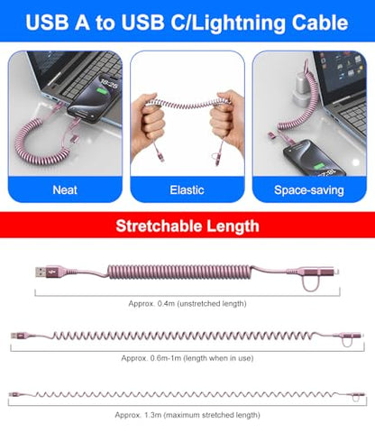USB to USB C and Lightning Pink Car Charger Cable