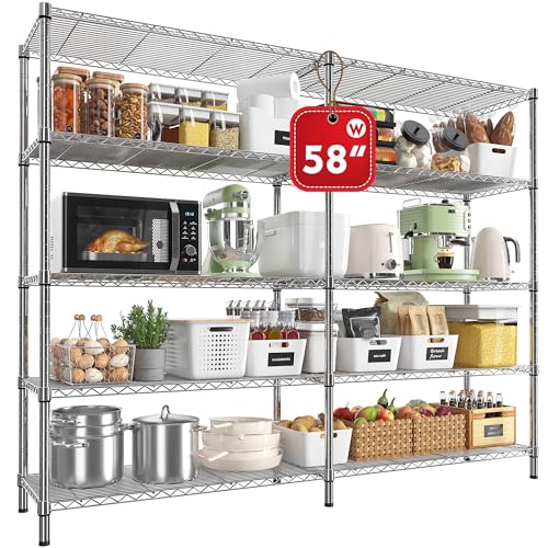 58" W Storage Shelves Wire Shelving 1400LB Metal Shelves for 5 Tier Shelving Unit with Shelf Adjustable Garage Shelving Rack for Pantry Kitchen Garage