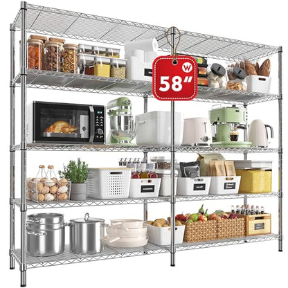 58" W Storage Shelves Wire Shelving 1400LB Metal Shelves for 5 Tier Shelving Unit with Shelf Adjustable Garage Shelving Rack for Pantry Kitchen Garage