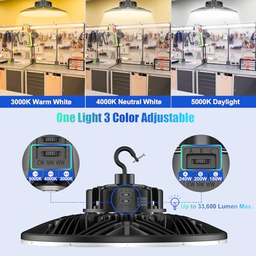 150W/200W/240W Adjustable Commercial Bay Lighting 3000K/4000K/5000K, 33600Lumen IP65 Waterproof Basement Warehouse Gym UL Listed, Warehouse LED Light Ceiling, UFO High Bay LED Lights