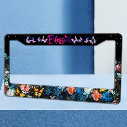 Blessed License Plate Frame Butterfly Flowers License Plate Holder 6x12 in