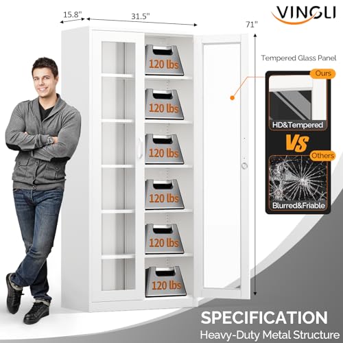 Lockable Display Cabinet with Glass Doors & 5 Adjustable Shelves