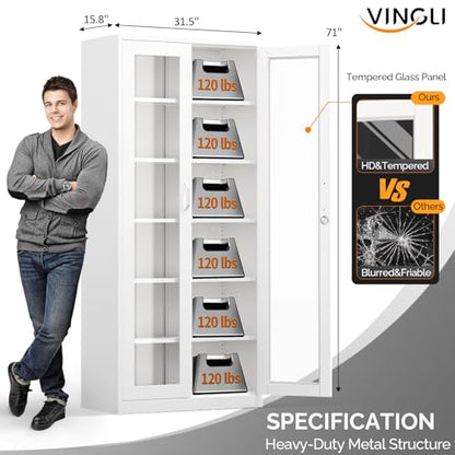 Lockable Display Cabinet with Glass Doors & 5 Adjustable Shelves
