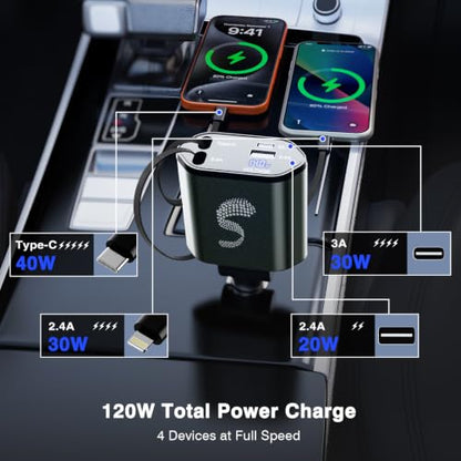 Retractable Car Charger USB C Fast Charging 120W