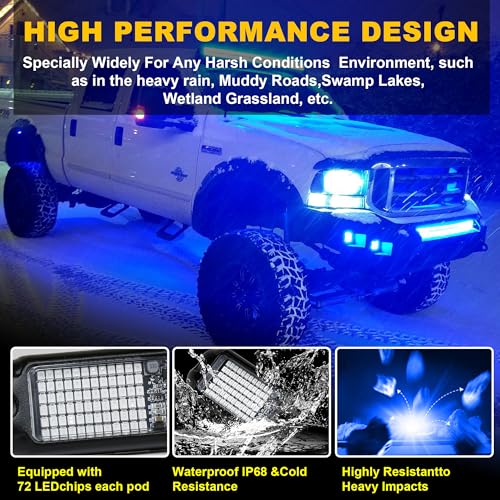 4Pods Pure Blue LED Rock Lights 72w high Power Rock Lights Neon Underglow Light for Car Trucks ATV UTV SUV Boat Underbody Glow Trail Rig Light IP68 Waterproof