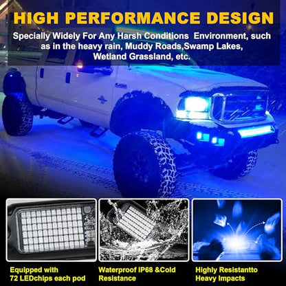 4Pods Pure Blue LED Rock Lights 72w high Power Rock Lights Neon Underglow Light for Car Trucks ATV UTV SUV Boat Underbody Glow Trail Rig Light IP68 Waterproof