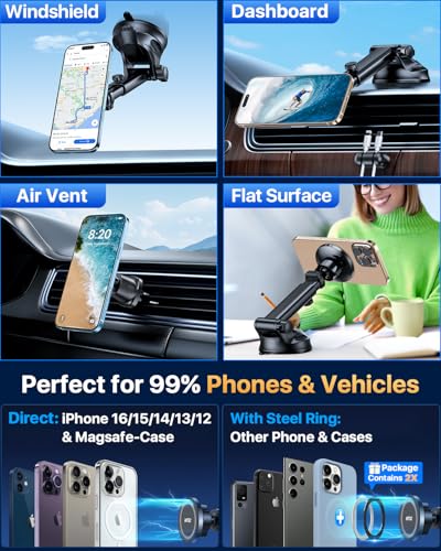 Military Grade】HTU for MagSafe Car Mount【Upgraded Strongest Suction】Magnetic Phone Holder Cell Stand for Dashboard Windshield Vent