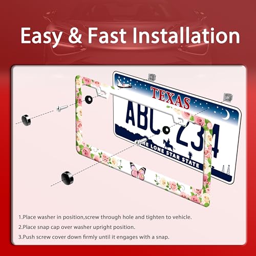 Pink Butterfly License Plate Frame Stainless Steel Flowers License Holder