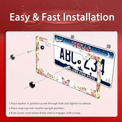 Pink Butterfly License Plate Frame Stainless Steel Flowers License Holder