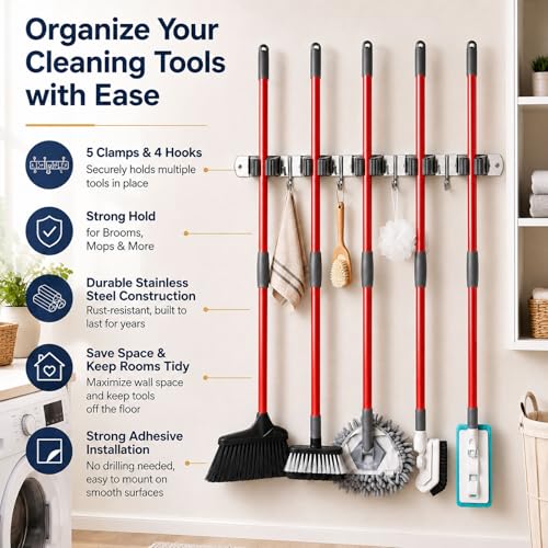 5 Racks and 4 Hooks Mop and Broom Holder Wall Mount