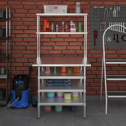 30" x 36" Stainless Steel Work Table with 3 Shelves and 12" Wide Double Tier Overshelf