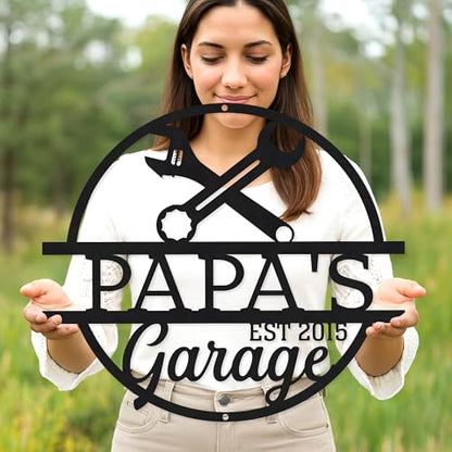 Custom Garage Workshop Metal Sign Personalized Tool Name Wall Art for Car Truck Mechanic Shop Decor Durable Steel Sign for Dad Husband Men’s Auto Workspace or Fence