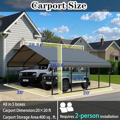 Heavy Duty Metal Carport 20x20 FT Galvanized Steel Carport Shelter for 2 Car Extra Large Canopy for Dual Vehicle