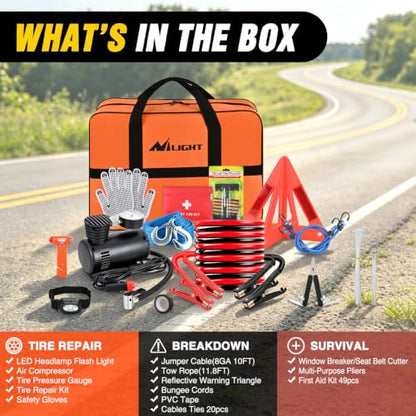 Car Roadside Emergency Kit with Jumper Cables Air Compressor