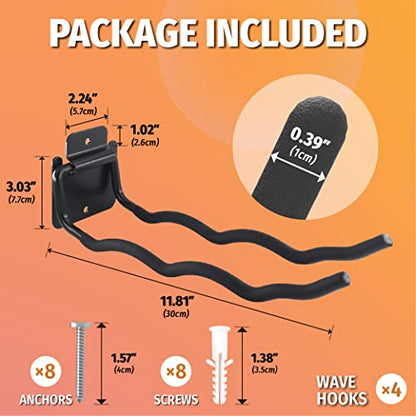 4 Pack 12 Inch Wave Garage Hooks Wall Mount Hangers (4 Count)