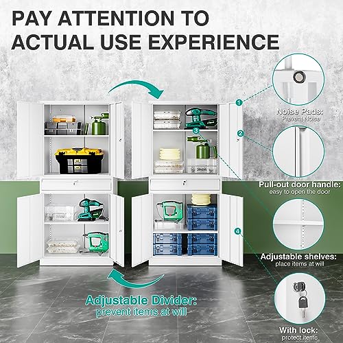 White Metal Storage Cabinet with Drawer and Locks
