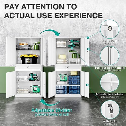 White Metal Storage Cabinet with Drawer and Locks