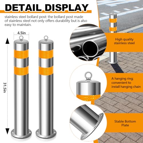 31.5 Inch Stainless Steel Bollard Post with Anchor Bolts Parking Barrier Block Safety Bollard Covers with Reflective Strips and Hanging Ring for Parking Lots Driveways Garage Pathways