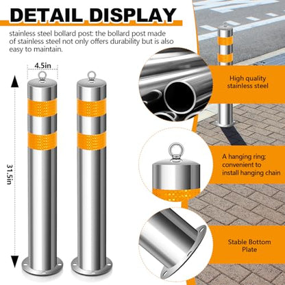 31.5 Inch Stainless Steel Bollard Post with Anchor Bolts Parking Barrier Block Safety Bollard Covers with Reflective Strips and Hanging Ring for Parking Lots Driveways Garage Pathways