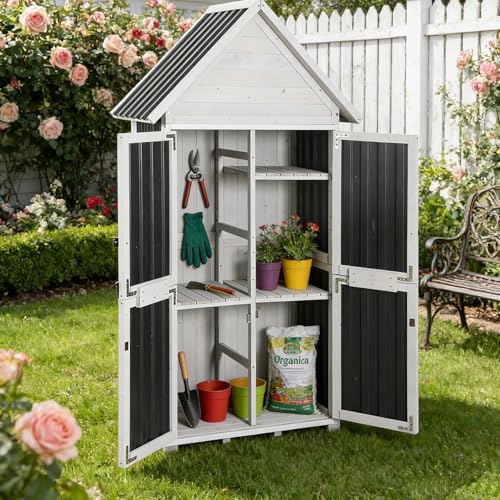 Outdoor Storage Shed Cabinet Strong Iron Frame Surrounding Garden Tool Storage with Adjustable Shelfs