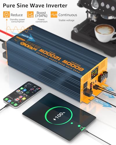 6000 Watt Power Inverter Pure Sine Wave 48V DC to 110V 120V Heavy Duty Inverter with Remote Control and LED Display