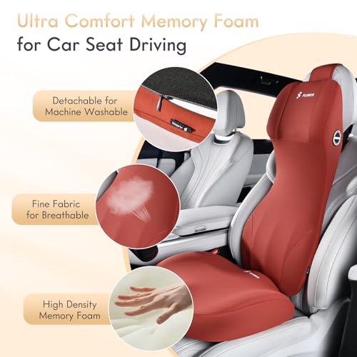 Memory Foam Car Seat Cushion and Integrated Neck Pillow Lumbar Support Ergonomic Seat Cushion Breathable Back Support Headrest for Truck Driver Long Driving Sciatica Tailbone Pain Relief