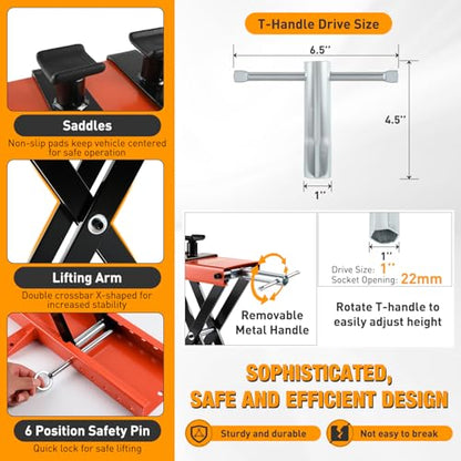 Motorcycle Lift 1100 LBS ATV Scissor Jacks with Saddle Safety Pin Crank Handle 3.7"