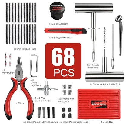 68-Piece All-in-One Heavy Duty Tire Plug Kit – Professional Tire Repair Set, T-Handle Tools, Valve Kit, 40 Plugs, Pliers, Knife – Universal for Car
