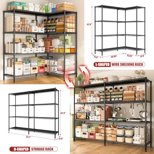 61.7''W Storage Shelves Load 1220LBS Wire Shelving Unit 4 Tier Metal Shelving for Storage Rack Shelves Heavy Duty Garage Shelf Pantry Shelves Kitchen Shelving (4 Count)