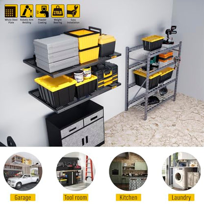 2Pack 2x3ft Adjustable Metal Garage Wall Shelving Heavy Duty Garage Storage Shelf Wall Mounted Black (2 Count)