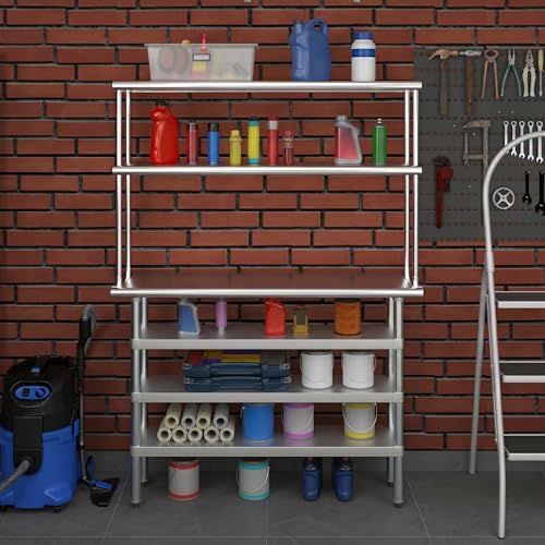 14" x 48" Stainless Steel Work Table with 3 Shelves and 12" Wide Double Tier Overshelf