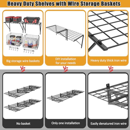 2 Pack Garage Shelves Wall Mounted with Wire Baskets (2 Count)