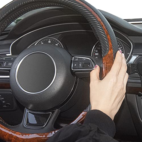 Wood Grain Steering Wheel Cover Black Universal Microfiber Leather