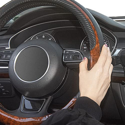 Wood Grain Steering Wheel Cover Black Universal Microfiber Leather