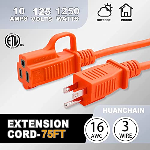 Indoor Outdoor Orange Extension Cord 75 FT Waterproof 16