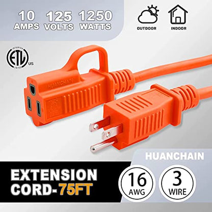 Indoor Outdoor Orange Extension Cord 75 FT Waterproof 16