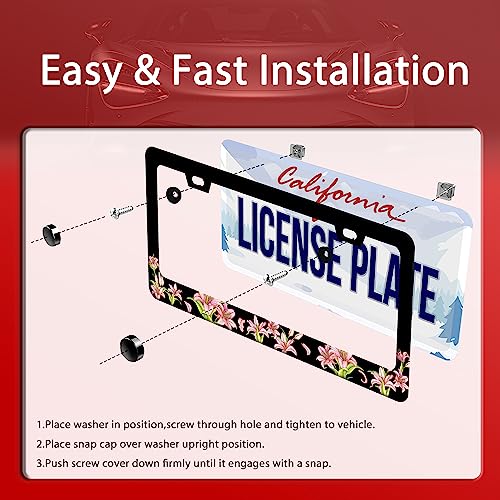 Pink Florals License Plate Frame Stainless Steel Cars Accessory 6.3x12.3In