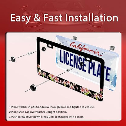Pink Florals License Plate Frame Stainless Steel Cars Accessory 6.3x12.3In