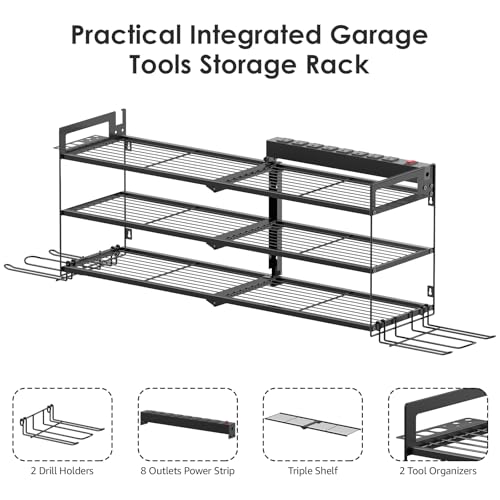 Large Garage Tools Storage with Charging Station. Power Tool Battery Organizer Utility Shelf with Power Strip. 4 Drills Holder Wall Mount Rack (11.5 Count)