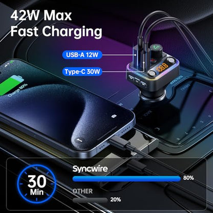 Bluetooth 5.4 FM Transmitter Car Adapter with Light Switch
