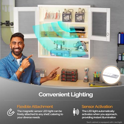 Metal Wall Cabinet with Locking Glass Doors & Magnetic LED Sensor Light
