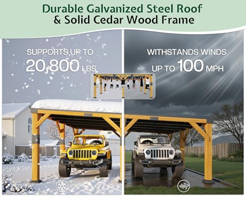20x20x9.2 FT Heavy Duty Cedar Wood Carport for 2 Cars