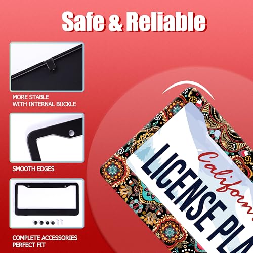 Mandala Flowers Boho License Plate Frame Stainless Steel 2Holes with Screws