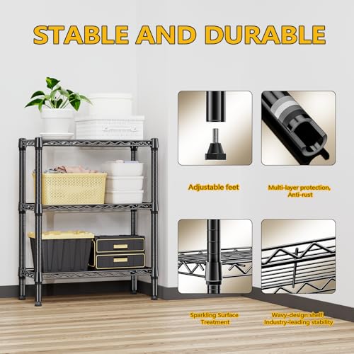 750 lbs 3 Tier Shelf Metal Storage Shelves Wire Rack Closet Organizers for Garage Kitchen Bathroom Laundry Black 11.8" D x 25.6" W x 31.5" H (3 Count)