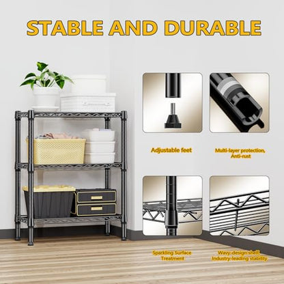 750 lbs 3 Tier Shelf Metal Storage Shelves Wire Rack Closet Organizers for Garage Kitchen Bathroom Laundry Black 11.8" D x 25.6" W x 31.5" H (3 Count)